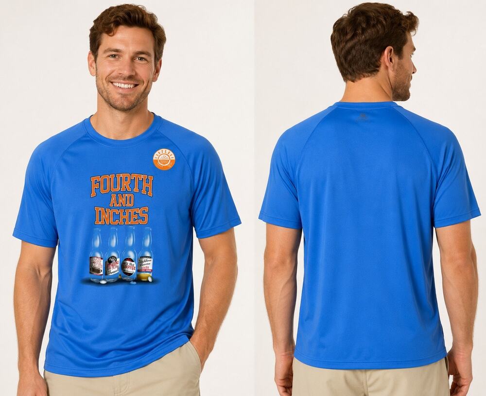Funny Fourth and Inches Beer Bottle Fishing Shirt SPF 30 Blue Tee Sz L NWT
